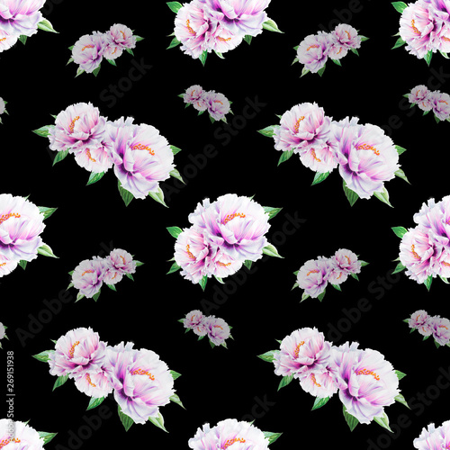 Beautiful white peony seamless pattern. Bouquet of flowers. Floral texture. Marker drawing. Watercolor painting. Wedding and birthday composition.  Flower painted background. Hand drawn illustration.