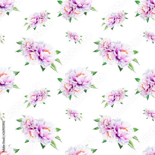 Beautiful white peony seamless pattern. Bouquet of flowers. Floral texture. Marker drawing. Watercolor painting. Wedding and birthday composition.  Flower painted background. Hand drawn illustration.