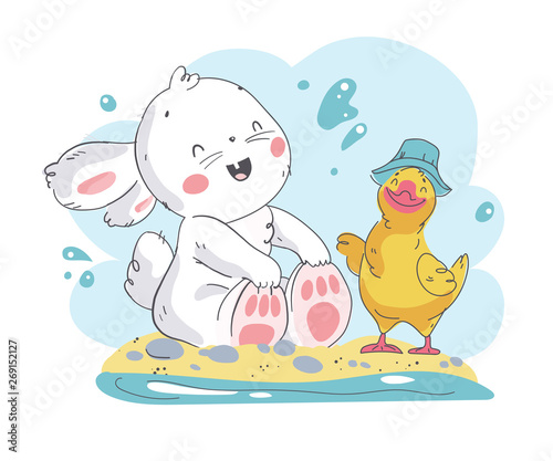 Vector flat summer illustration of cute white baby bunny character and little duck sitting on beach. Hand drawn style. For baby calendar, baby shower, birthday card, tee print, sticker, nursery etc.