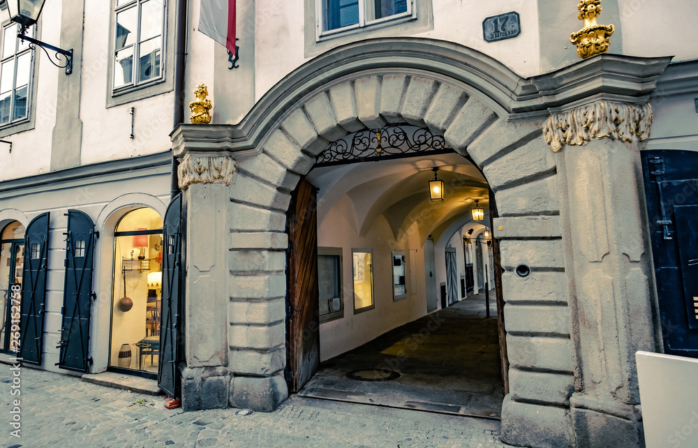 Huge stony archway to the Mozart's house in Linz, Austria