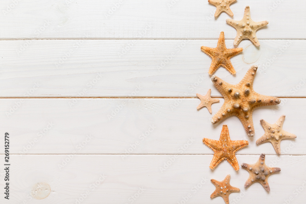 Top view of starfish and many seashells on white wood texture background top view. Copy space background, summer concept Top view of starfish and many seashells on white wood texture background top view. Copy space background, summer concept