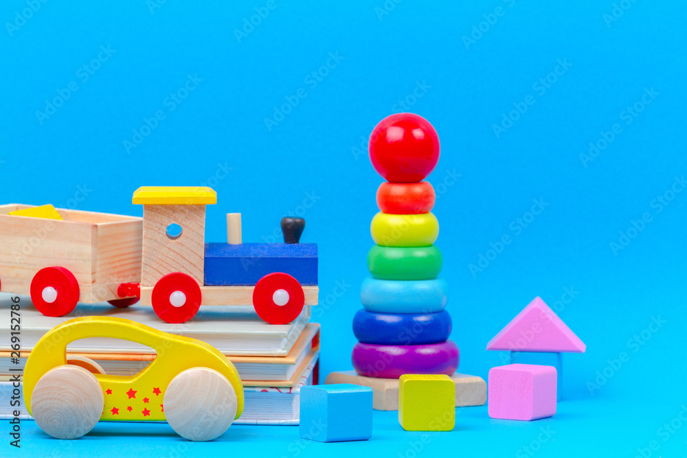 Baby kid toys collection on blue background