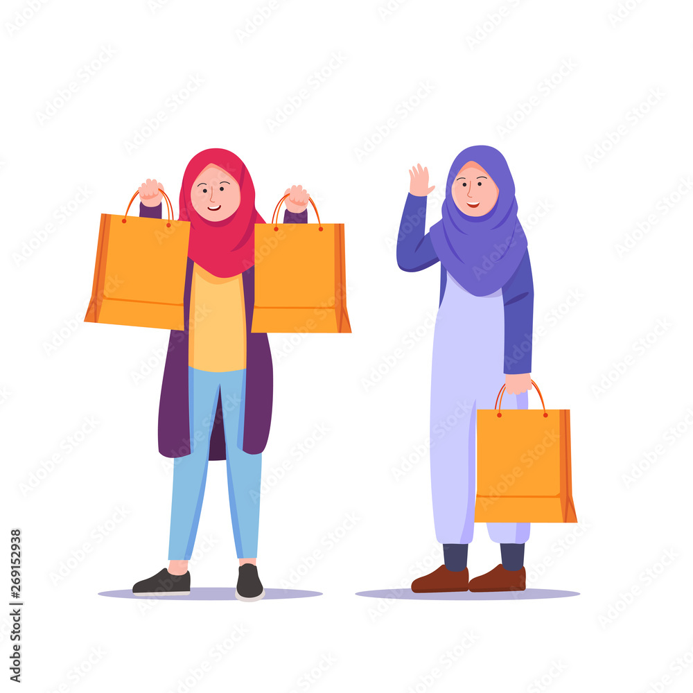 Hijab Teenager Girl Shopping Illustration Cartoon