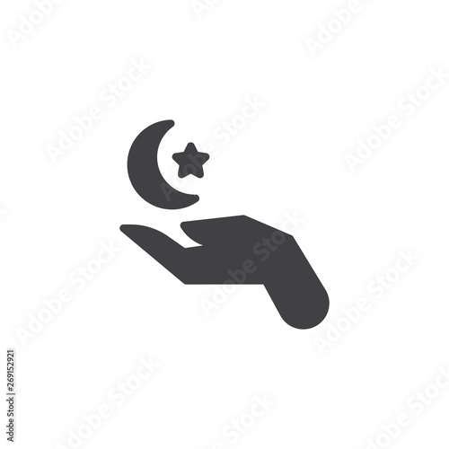 Hand with islamic crescent and star vector icon. filled flat sign for mobile concept and web design. Praying hands with moon and star glyph icon. Symbol, logo illustration. Vector graphics