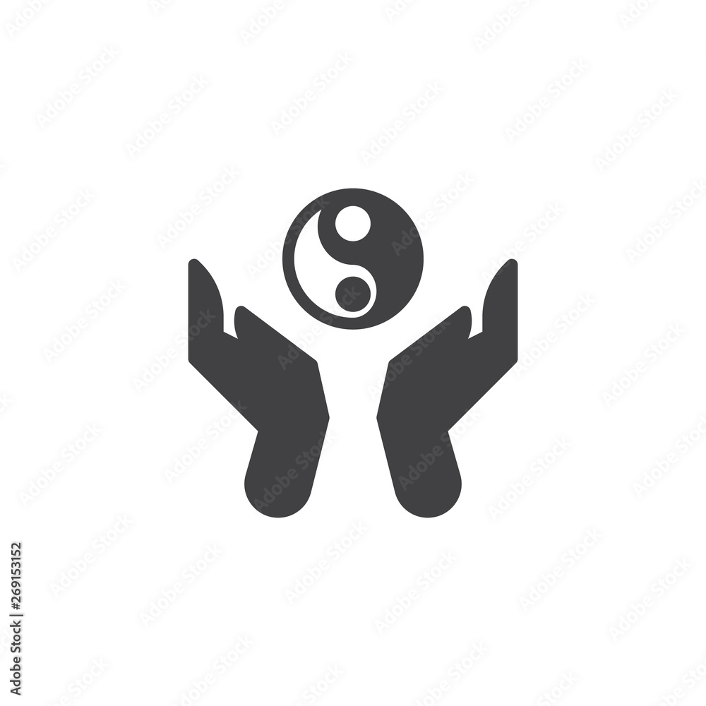 Hands hold ying yang vector icon. filled flat sign for mobile concept and web design. Praying hands and Ying Yang glyph icon. Buddhism symbol, logo illustration. Vector graphics Hands hold ying yang vector icon. filled flat sign for mobile concept and web design. Praying hands and Ying Yang glyph icon. Buddhism symbol, logo illustration. Vector graphics