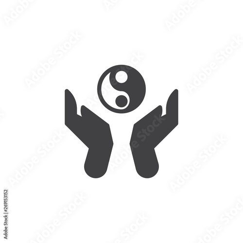 Hands hold ying yang vector icon. filled flat sign for mobile concept and web design. Praying hands and Ying Yang glyph icon. Buddhism symbol, logo illustration. Vector graphics