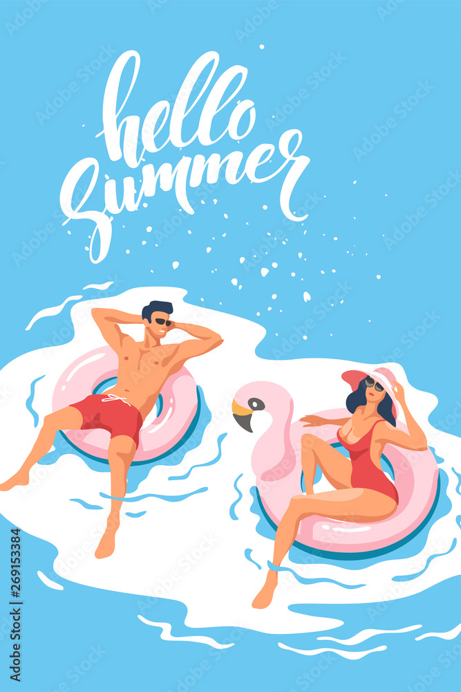 Hello summer. Young people relaxing In swimming pool in the summertime. Vector illustration.