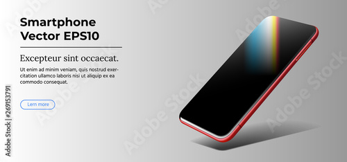 Red Beautiful Modern Smart Phone Cast Shadow on Grey Gradient Background. Perspective view. Realistic Vector. Smartphone with Touchscreen Mockup. Template of Mobile Phone for Mobile Apps.