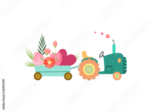 Cute Tractor with Cart with Flowers and Heart Vector Illustration