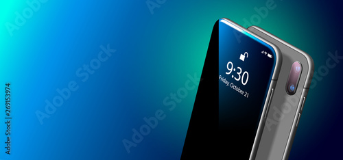 Set Mock-up of Modern Black Smart Phone on Smooth Dark Blue Surface in Perspective View. Realistic Vector Illustration of Smartphone. New Shiny Mobile Cellphone with Reflection on the Screen