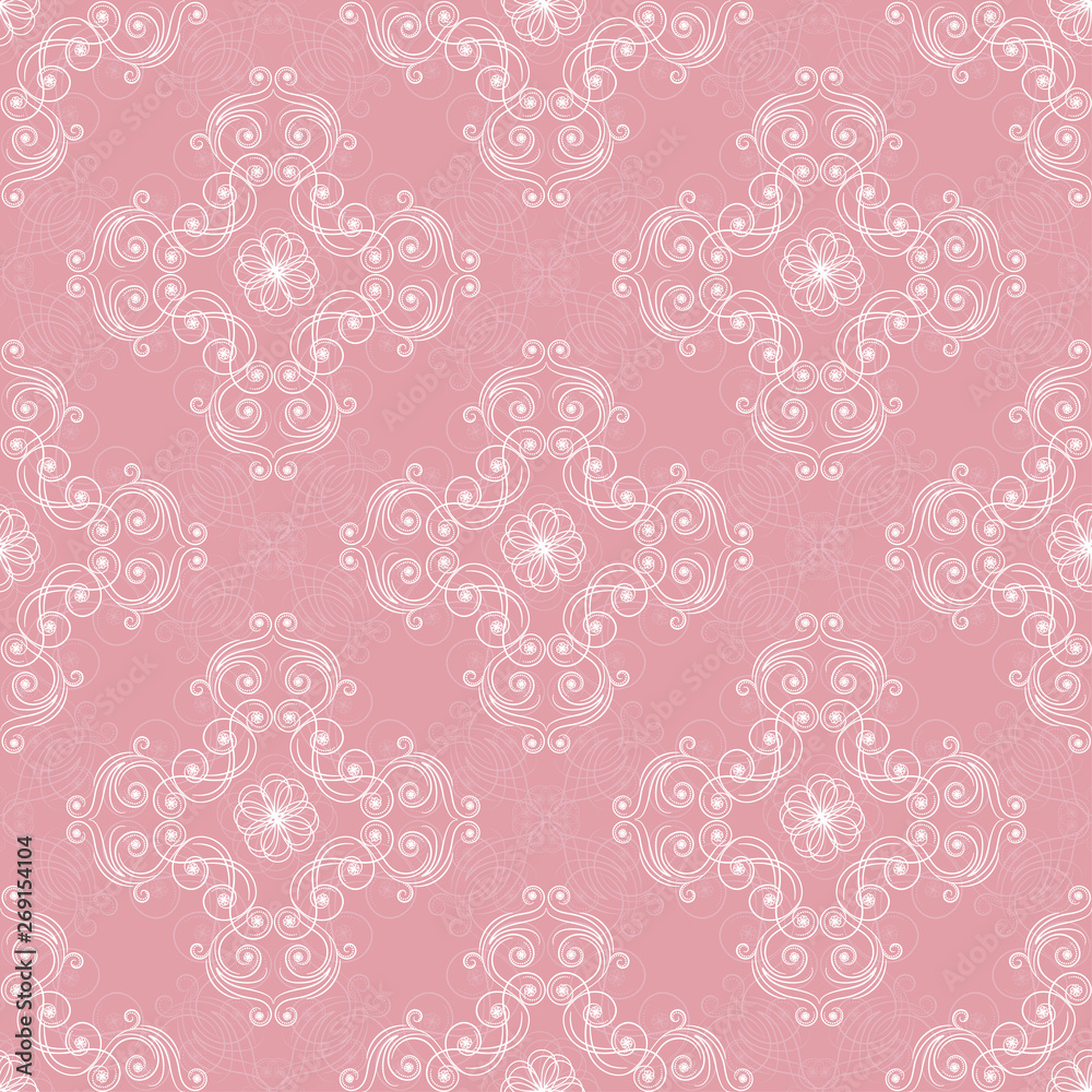 Seamless white pattern on a pink background of geomemetric shapes with curls. Vector