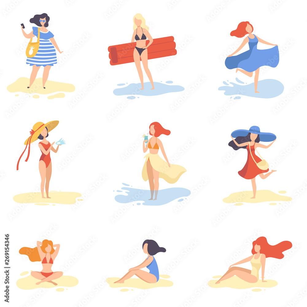 Collection of Beautiful Girls Relaxing on Beach, Young Women on Summer Vacation Vector Illustration