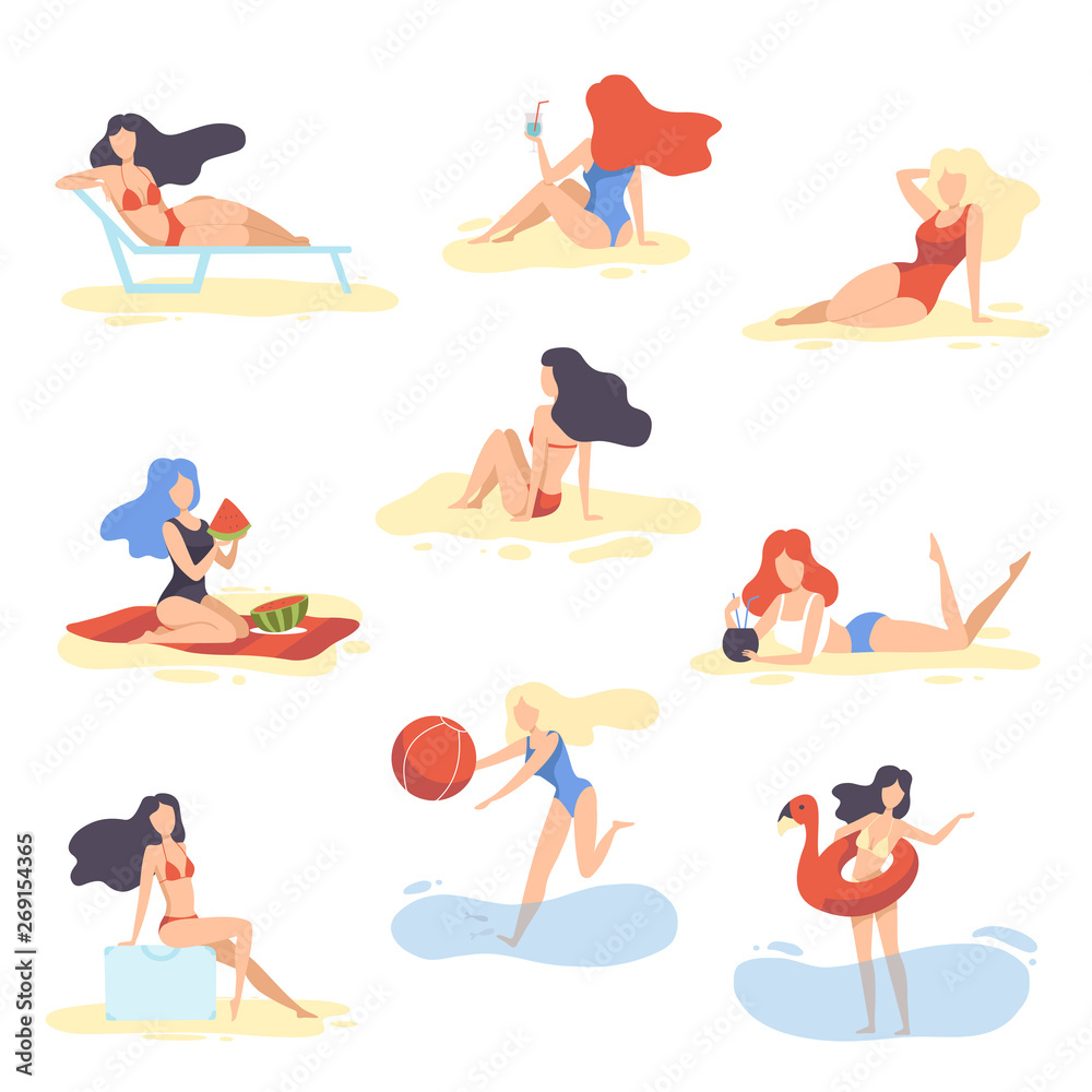 Collection Beautiful Girls in Swimsuits Relaxing on Beach, Young Women on Summer Vacation Vector Illustration Collection Beautiful Girls in Swimsuits Relaxing on Beach, Young Women on Summer Vacation Vector Illustration