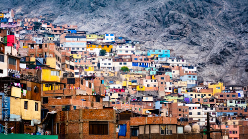 Different colorful slum buildings in Lima, Peru