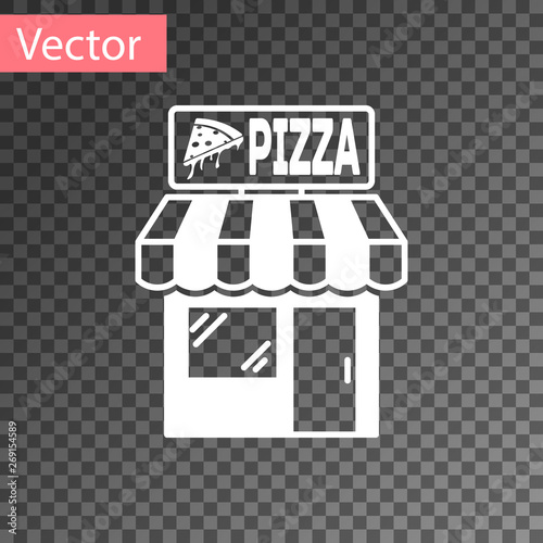 White Pizzeria building facade icon isolated on transparent background. Fast food pizzeria kiosk. Vector Illustration
