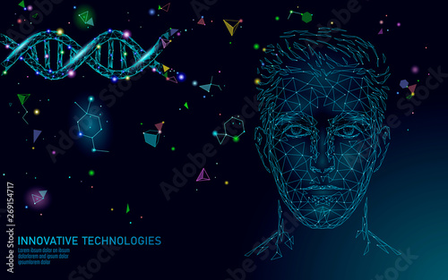 DNA molecule treatment polygonal science research 3D. Low poly male face polygonal medical man health care. Medicine gene helix structure gene vector illustration