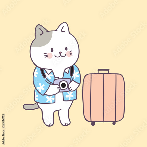 Cartoon cute summer cat travel vector.