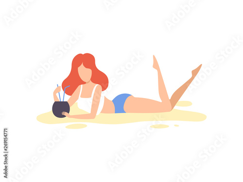 Beautiful Girl in Swimsuit Lying on Beach and Drinking Tropical Cocktail, Young Woman Relaxing on Summer Vacation Vector Illustration