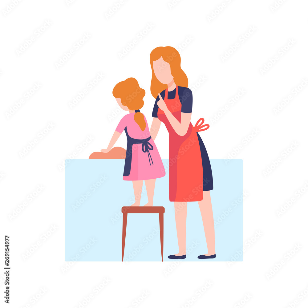 Mother Teaching Daughter to Wash Dishes, Mom and Kid Spending Time Together at Home Vector Illustration