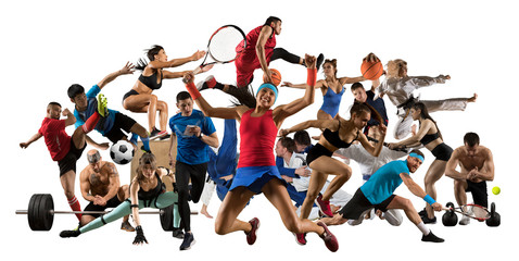 Sport collage. Fit women and men standing on white background