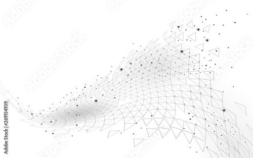 Low poly 3D geometric space polygonal. Innovative polymer chemical structure. Science triangle math graph. Data technology abstract fiction render. Digital white gray landscape vector illustration