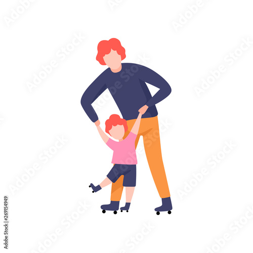 Dad Teaching Daughter to Skate on Rollers, Father Having Good Time with His Kid Vector Illustration