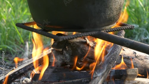 pot on the fire on a green background.
