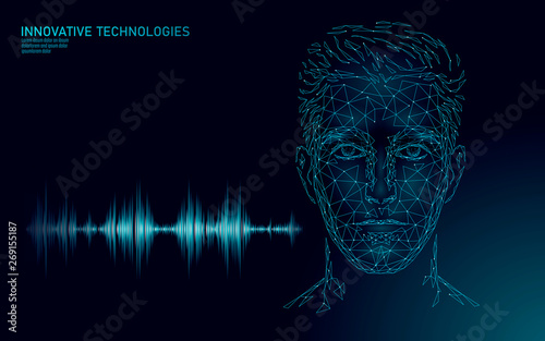 Virtual assistant voice recognition service technology. AI artificial intelligence robot support. Chatbot male man face low poly vector illustration
