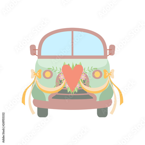 Cute Vintage Car Decorated with Heart, Flowers and Ribbons, Wedding Retro Van, Front View Vector Illustration