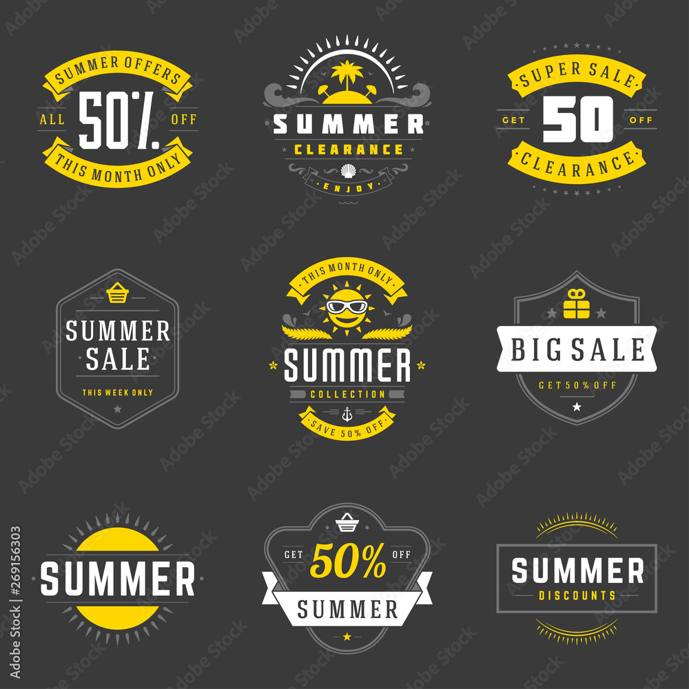 Summer season sale badges and tags design vector retro set
