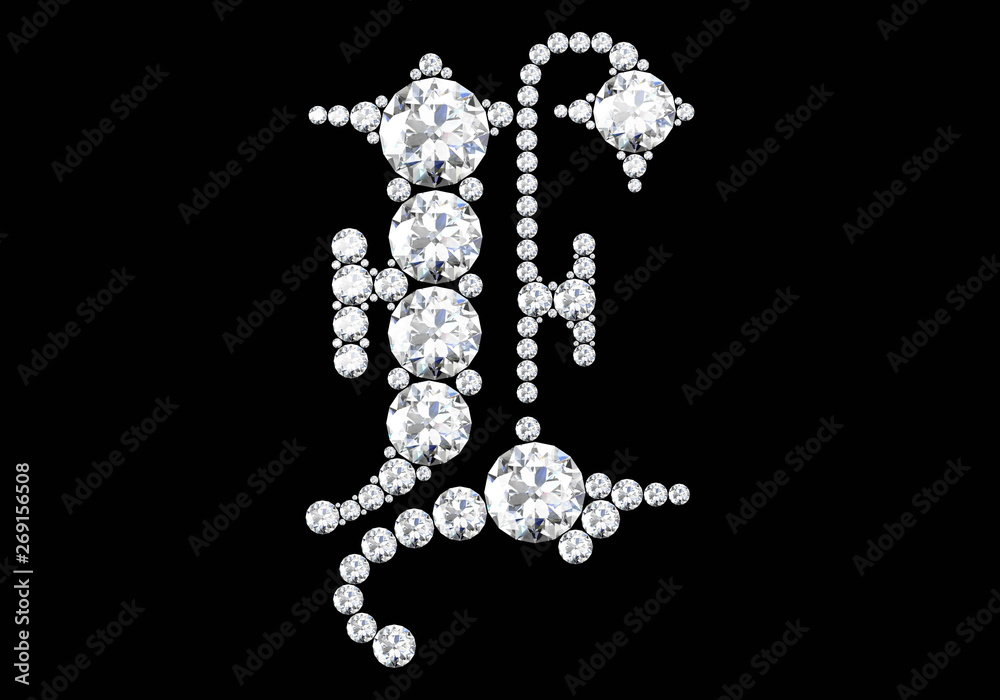 Diamond letters with gemstones isolated on black.3D rendering Diamond letters with gemstones isolated on black.3D rendering