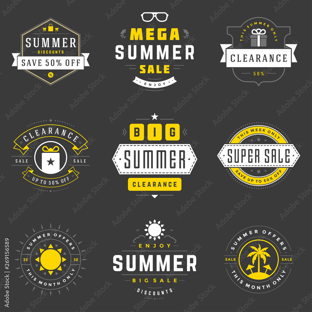 Naklejka premium Summer season sale badges and tags design vector retro set