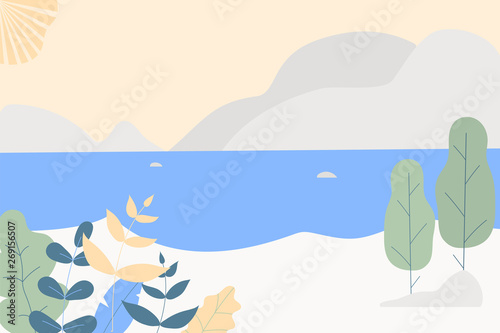 Fantasy cute seaside landscape. Trendy fashion plants, leaves,mountains,sun,sea and nature in minimalistic flat design style. Bushes, trees. Vector illustration.Soft colours