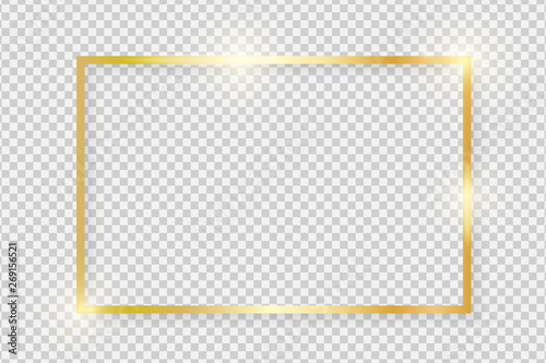Gold shiny glowing vintage rectangle frame with shadows isolated on transparent background. Golden luxury realistic rectangle border. Vector illustration
