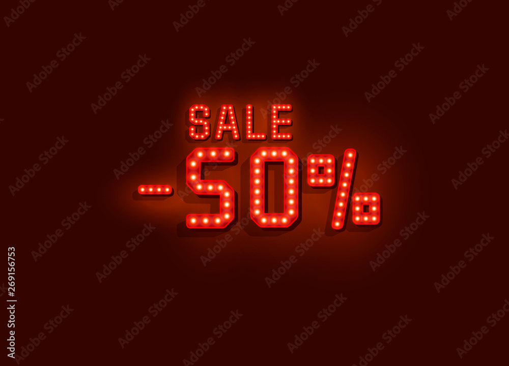 Neon 50 sale text banner. Night Sign. Vector Neon 50 sale text banner. Night Sign. Vector