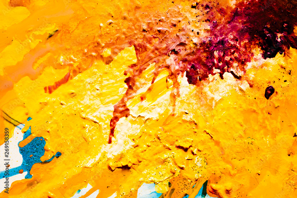 Abstract red yellow paint background. Color fluid mix flowing. Acrylic liquid blend art effect. Stains layers modern technique.