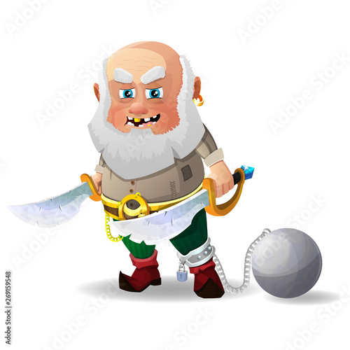 Cartoon old pirate with a saber on his shoulder. Vector illustration. Eps 10