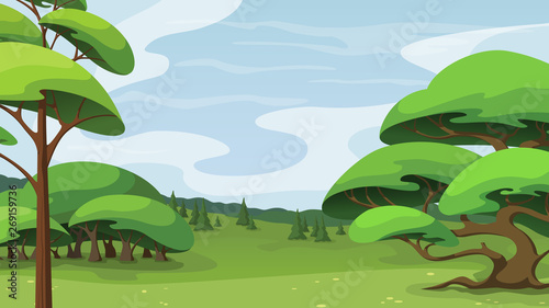 Rural landscape with trees  hills and green grass. Nature background.