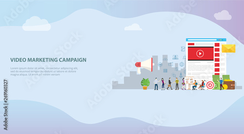 video marketing campaign concept with social media team business marketing for website template banner or landing homepage - vector