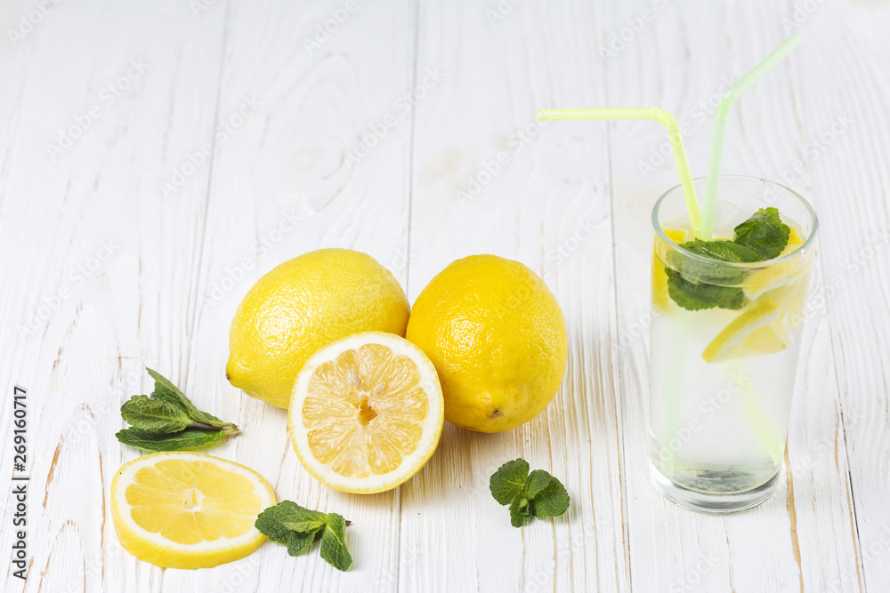 Ready fresh citrus mint drink and lemons Ready fresh citrus mint drink and lemons