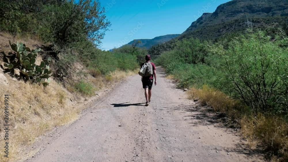 Guy with backpack walking along dirt road. Guy with backpack walking along dirt road.
