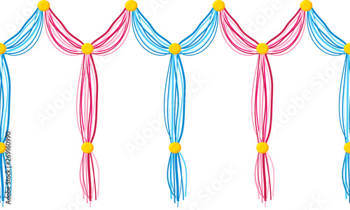 Vector seamless border pattern. Horizontal divider, Tassels from yarn, treads, beads. Perfect for decoration, celebrating decor, greeting cards, wallpaper and more. Vivid blue, pink, green, yellow 