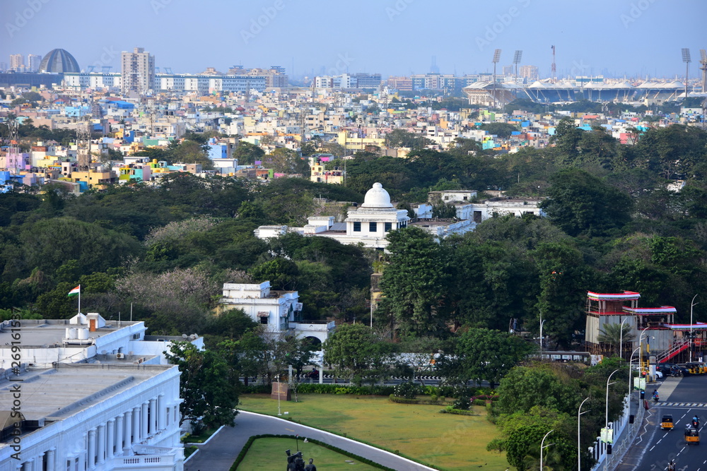 Chennai, Tamilnadu, India: January 26, 2019 - Chennai City Skyline from the Marina Lighthouse