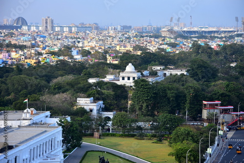 Obraz na płótnie Chennai, Tamilnadu, India: January 26, 2019 - Chennai City Skyline from the Marina Lighthouse w salonie
