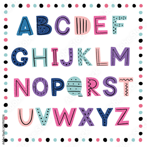 Colourful trendy alphabet for your banners or invitations. Set of hand drawn letters made in vector. Scandinavian style.