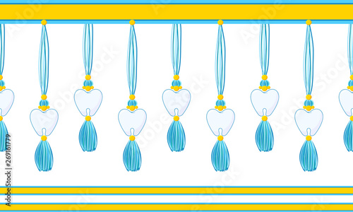 Vector seamless border pattern. Horizontal tassels with teeth, beads and yarn or tread. Blue, navy, yellow colors. Cute decorative element for dentist room, kids background