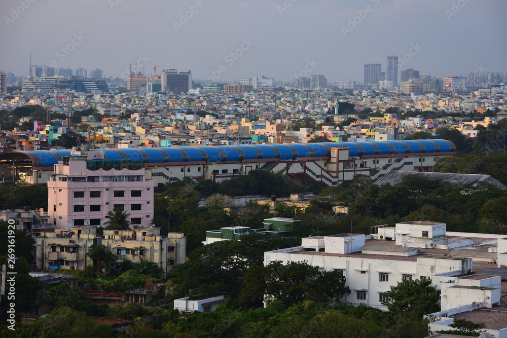 Chennai, Tamilnadu, India: January 26, 2019 - Chennai City Skyline from the Marina Lighthouse