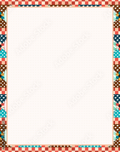 Vector printing paper note with dotted sheet for bullet journal. Optimal A4 size. Kawaii paper for notebook, handwriting letters, diary, planners, notes. Abstract illustration in patchwork, quilting, 