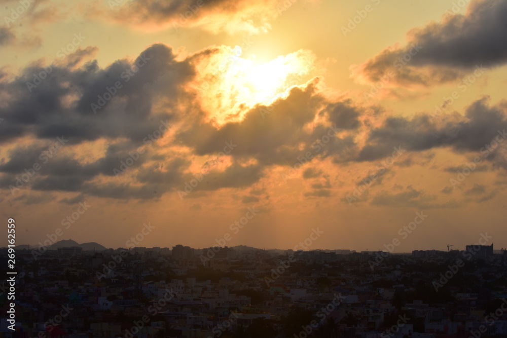 Fototapeta premium Chennai, Tamilnadu, India: January 26, 2019 - Chennai City Skyline at Sunset