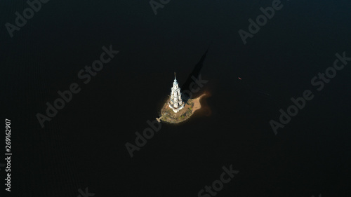 Aerial view of flooded Kalyazin Bell Tower in Uglich Reservoir on the Volga River, Kalyazin, Russia.